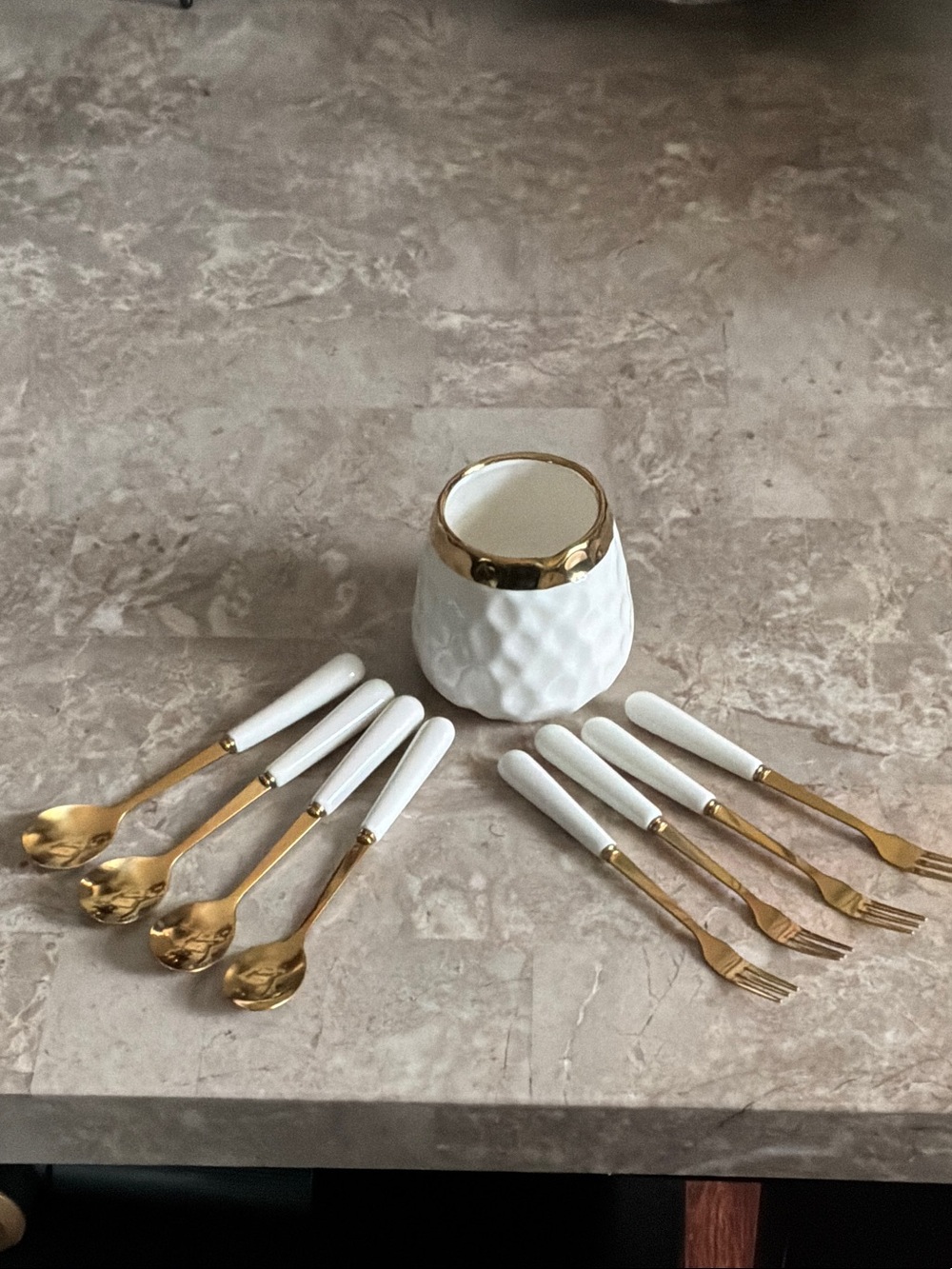 White and Gold Dessert Forks & Spoons Set with Ceramic Holder